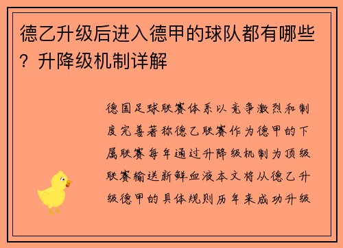 德乙升级后进入德甲的球队都有哪些？升降级机制详解